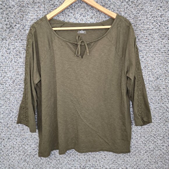 Talbots‎ Top Womens XL Green V Neck Slub Knit Tee Crochet Detail Casual Ladies - Picture 1 of 7